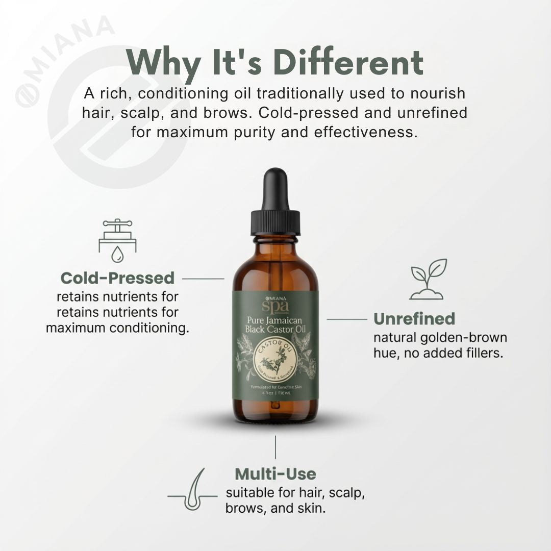 Bottle of Pure Jamaican Black Castor Oil with text explaining its benefits on a light gray background | Omiana Spa