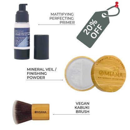 Omiana beauty products including a matifying perfecting primer, mineral veil/finishing powder, and vegan kabuki brush in a Flawless Face Bundle