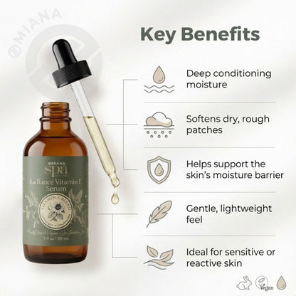 Omiana Spa Radiance Vitamin E Serum bottle with dropper and key benefits listed on a white background